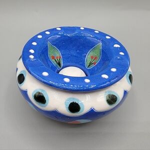 Handmade Turkish Ceramic Ashtray Blue Polka Dot & Leaf Vintage Folk Art Souvenir